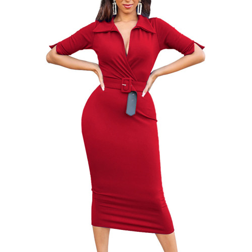 Red Lapel V Neck Split Midi Dress with Belt TQK311388-3