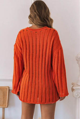Orange Ribbed Loose Knit V Neck Pullover Sweater LC2722762-14