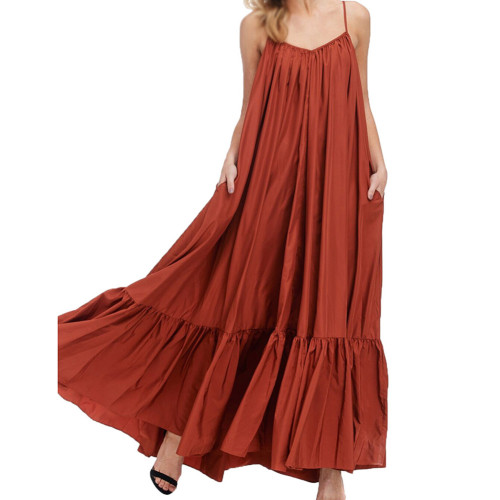 Reddish Brown Spaghetti Straps Pocket Casual Dress TQK311391-66