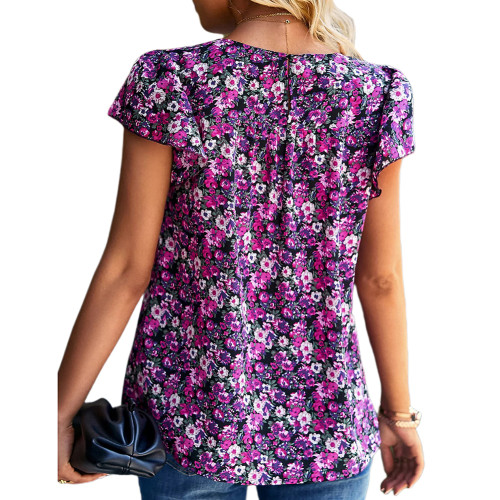 Purple Floral Print Ruffled Short Sleeve Blouse TQX210189-8