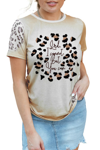Khaki Letter Leopard Bleached Print Short Sleeve T Shirt LC25219243-16