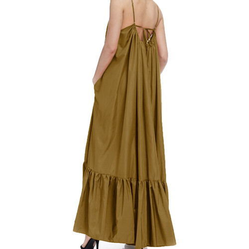 Camel Spaghetti Straps Pocket Casual Dress TQK311391-58
