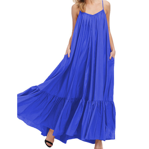Blue Spaghetti Straps Pocket Casual Dress TQK311391-5