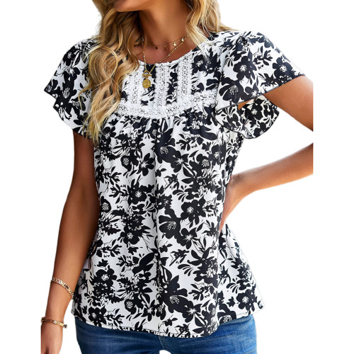 Black Floral Print Ruffled Short Sleeve Blouse TQX210189-37