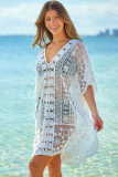 White Floret Trim V Neck Sheer Lace Beach Dress LC421638-1