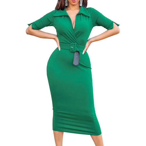 Green Lapel V Neck Split Midi Dress with Belt TQK311388-9