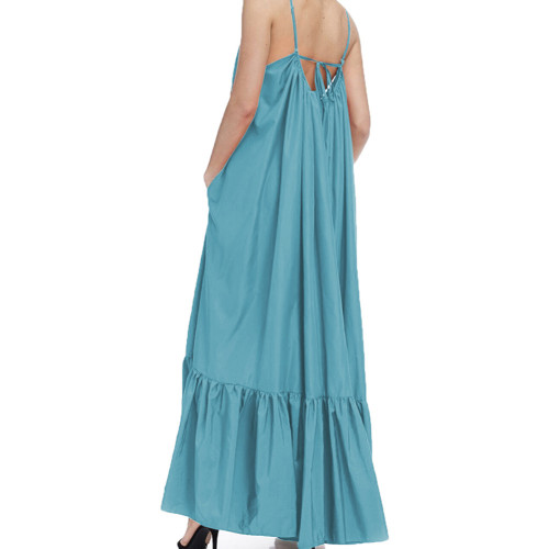 Lake Blue Spaghetti Straps Pocket Casual Dress TQK311391-76