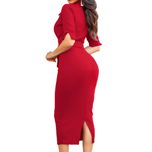 Red Lapel V Neck Split Midi Dress with Belt TQK311388-3
