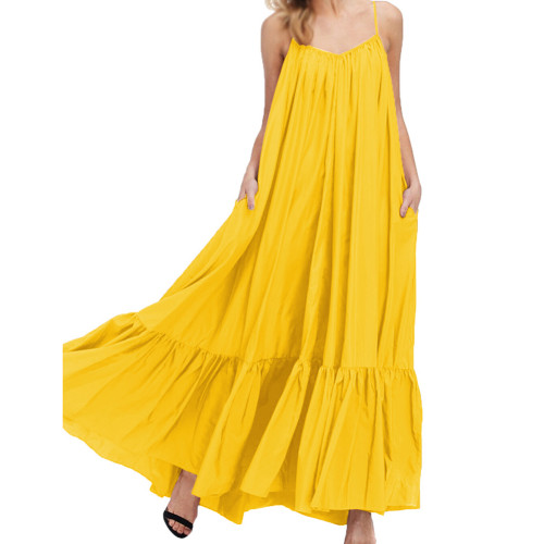 Yellow Spaghetti Straps Pocket Casual Dress TQK311391-7