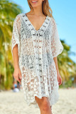 White Floret Trim V Neck Sheer Lace Beach Dress LC421638-1