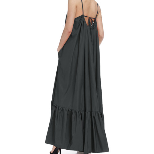Black Spaghetti Straps Pocket Casual Dress TQK311391-2