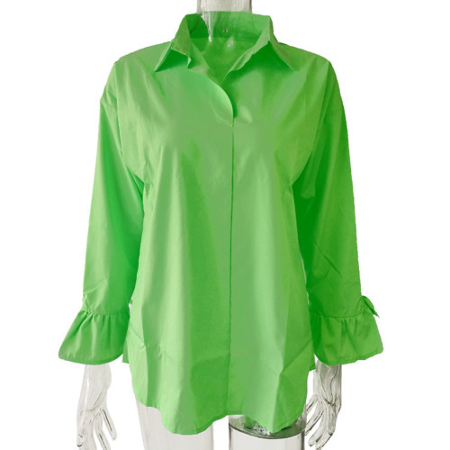 Green Lace-up Cuffs Flare Sleeve Blouse TQX221061-9