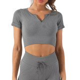 Gray Zipper-up Sportswear Short Sleeve Yoga Top TQX210196-11