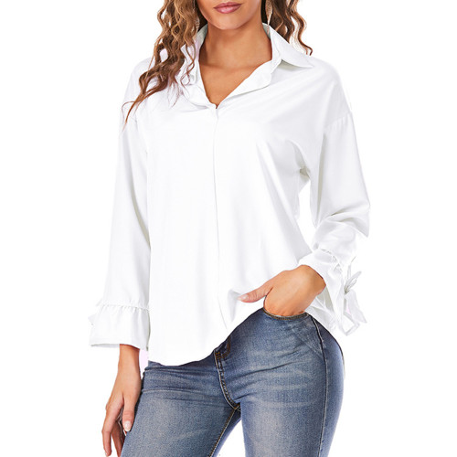White Lace-up Cuffs Flare Sleeve Blouse TQX221061-1