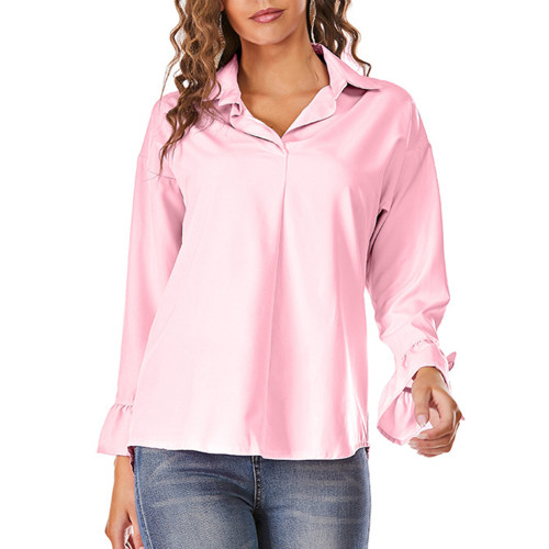 Pink Lace-up Cuffs Flare Sleeve Blouse TQX221061-10