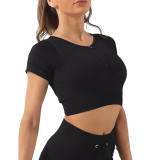 Black Zipper-up Sportswear Short Sleeve Yoga Top TQX210196-2