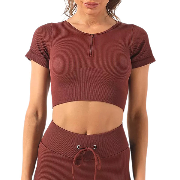 Coffee Zipper-up Sportswear Short Sleeve Yoga Top TQX210196-15