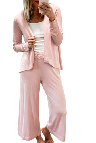 Pink Solid Knit Cardigan and Wide Leg Lounge Pants Set LC624908-10