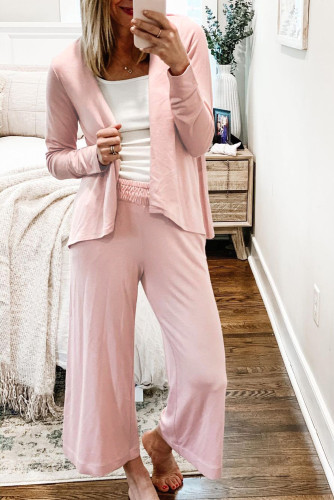 Pink Solid Knit Cardigan and Wide Leg Lounge Pants Set LC624908-10