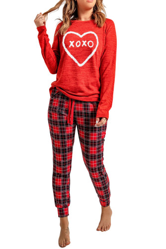 Red XOXO Heart Print Top and Plaid Pants Lounge Wear LC15471-3