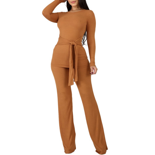 Coffee Rib Knot Front with Flare Pants Set TQV810035-15