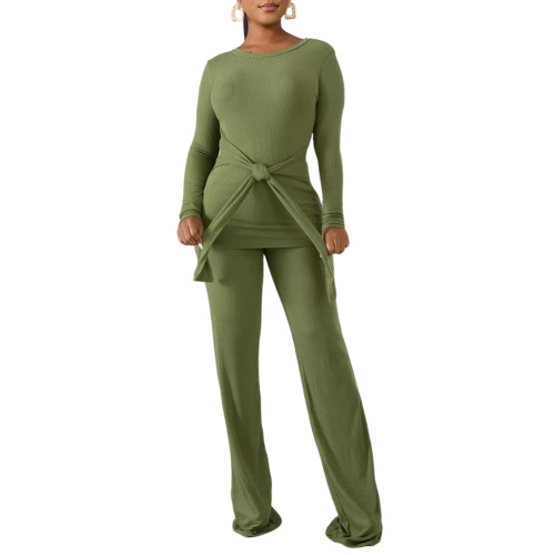 Green Rib Knot Front with Flare Pants Set TQV810035-9