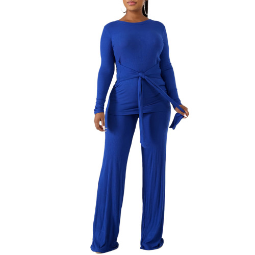 Royal Blue Rib Knot Front with Flare Pants Set TQV810035-62