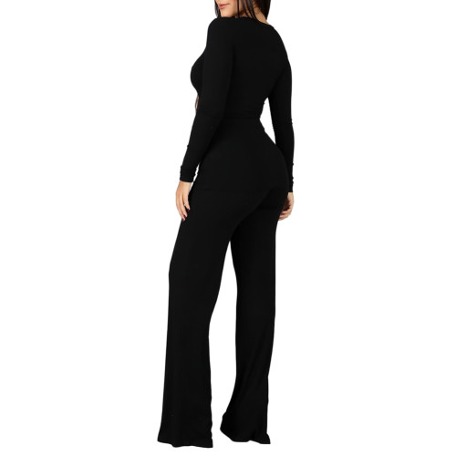 Black Rib Knot Front with Flare Pants Set TQV810035-2