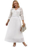 White Lace Scalloped V Neck 3/4 Sleeves Pleated Tulle Plus Maxi Dress PL61134-1