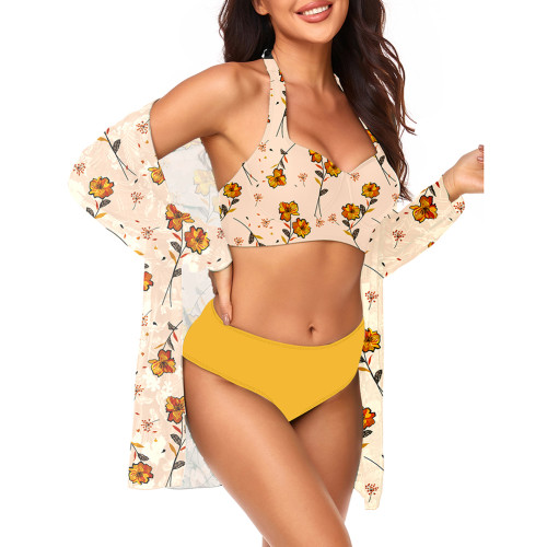 Yellow Floral Print Push-up Swimwear 3pcs Set TQX610015-7