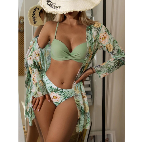 Pea Green 3pcs Push-up Bikini Set with Beach Cover TQX610017-64