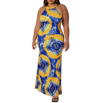 Blue Printed Sleeveless Plus Size Maxi Dress TQK311425-5