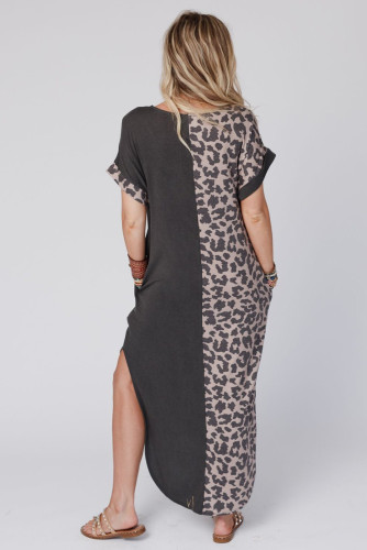 Black Contrast Solid Leopard Short Sleeve T-shirt Dress with Slits LC6113831-2