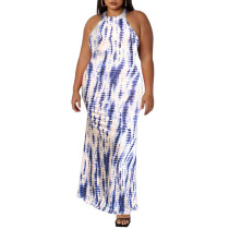Light Blue Printed Sleeveless Plus Size Maxi Dress TQK311425-30