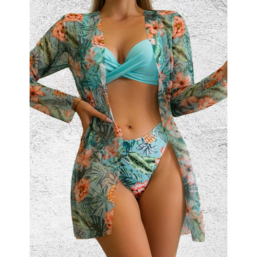 Blue-green 3pcs Push-up Bikini Set with Beach Cover TQX610017-45