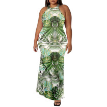 Light Green Printed Sleeveless Plus Size Maxi Dress TQK311425-28