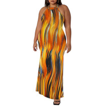 Yellow Printed Sleeveless Plus Size Maxi Dress TQK311425-7