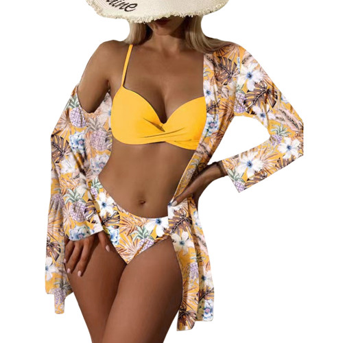 Yellow 3pcs Push-up Bikini Set with Beach Cover TQX610017-7