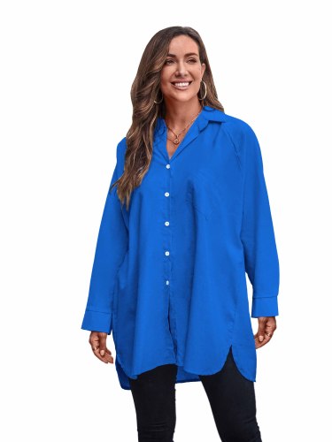 Blue Back and Front Button Pocket Long Sleeve Shirt TQBA220729-5