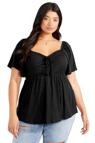 Black Plus Size Ruched Front Babydoll Top PL251498-2
