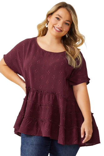 Red Plus Size Floral Embroidered Ruffled Short Sleeve Top PL251544-3