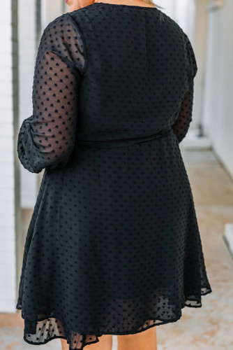 Black Black Plus Size Swiss Dot V Neck Wrap Long Sleeve Dress PL61327-2