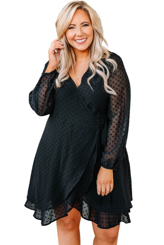 Black Black Plus Size Swiss Dot V Neck Wrap Long Sleeve Dress PL61327-2