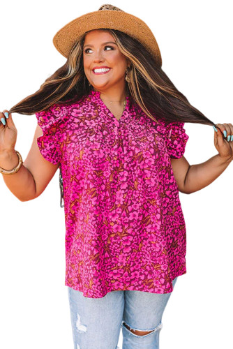 Rose  Floral Print Ruffle Sleeve Plus Size Shift Top PL251596-6