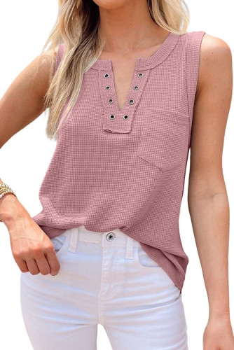 Pink Notched Neck Eyelet Thermal Knit Tank LC2567873-10
