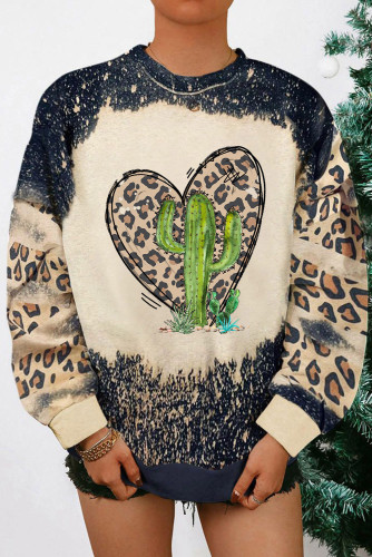 Black Cactus Leopard Heart Bleached Print Graphic Sweatshirt LC25314286-2