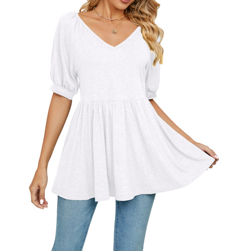 White Solid Puff Sleeve V Neck Tunic Tops TQX210209-1