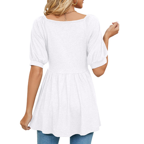 White Solid Puff Sleeve V Neck Tunic Tops TQX210209-1