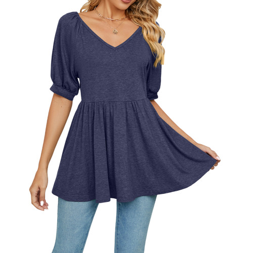 Navy Blue Solid Puff Sleeve V Neck Tunic Tops TQX210209-34