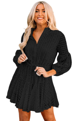 Black Lace Crochet Drawstring High Waist V Neck Mini Dress LC6113516-2